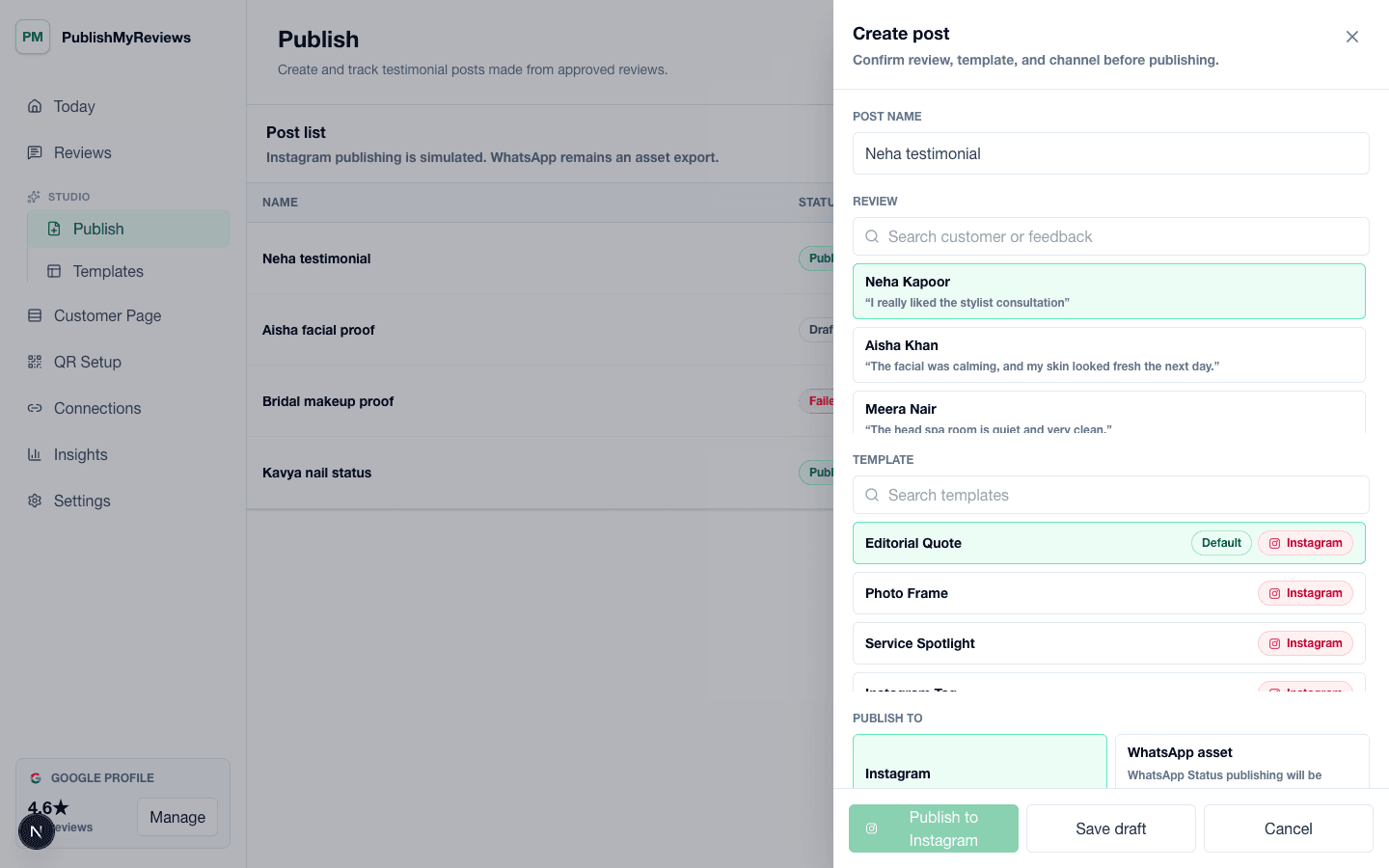 PublishMyReviews create post workflow for turning approved testimonials into Instagram and WhatsApp-ready proof.
