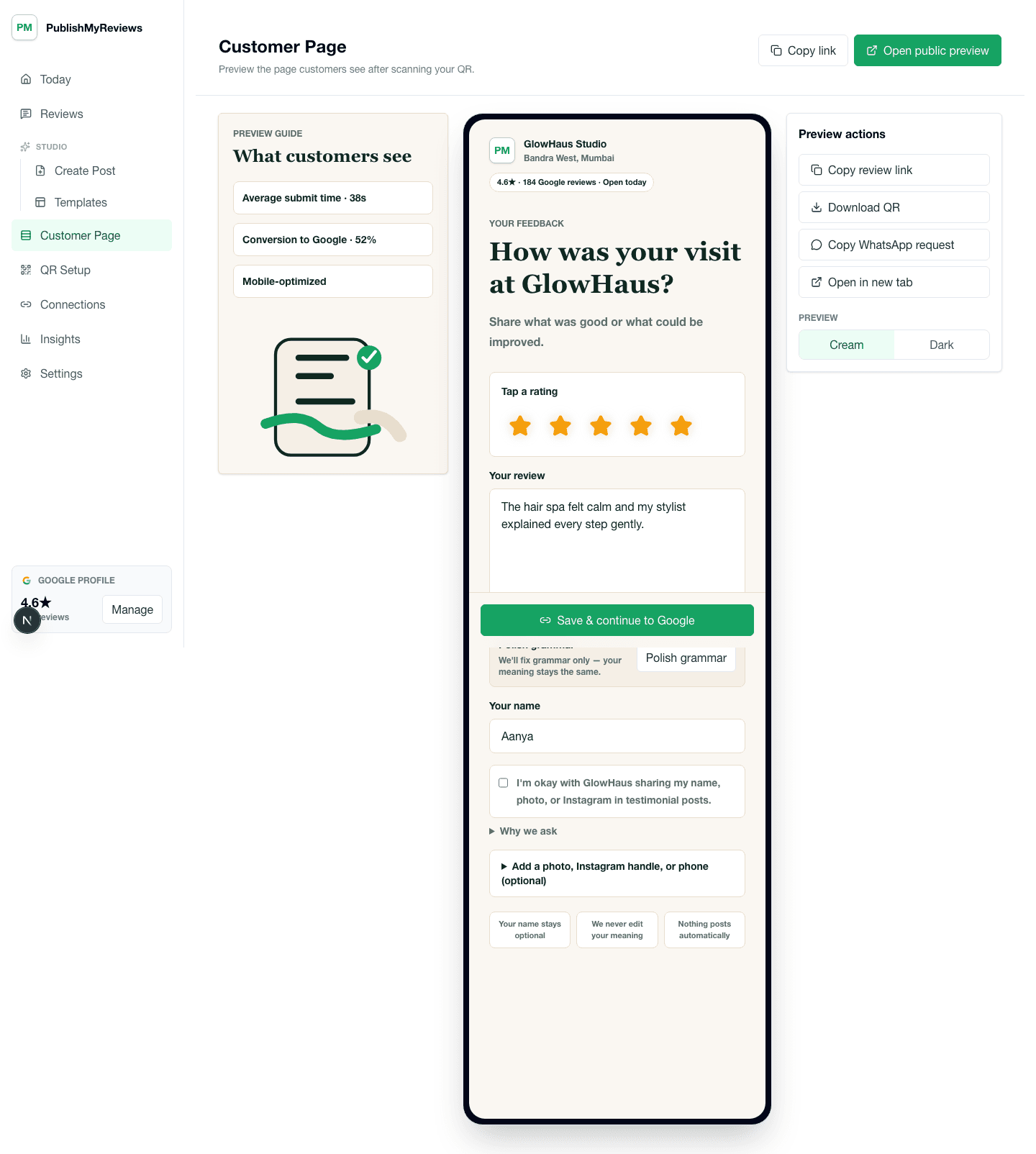 Customer QR review page with rating, testimonial, consent, photo, and Google continuation options.