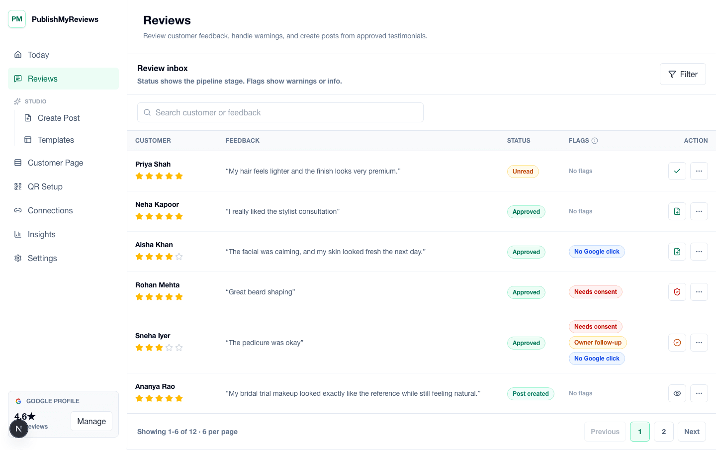 PublishMyReviews review inbox showing submitted testimonials, consent flags, and next steps.