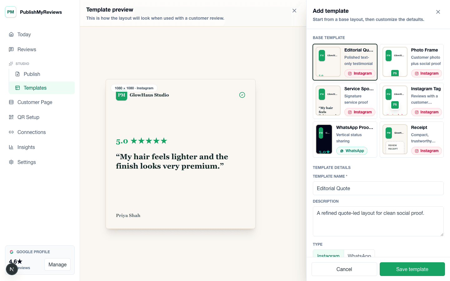 PublishMyReviews template builder for creating Instagram and WhatsApp-ready testimonial layouts.