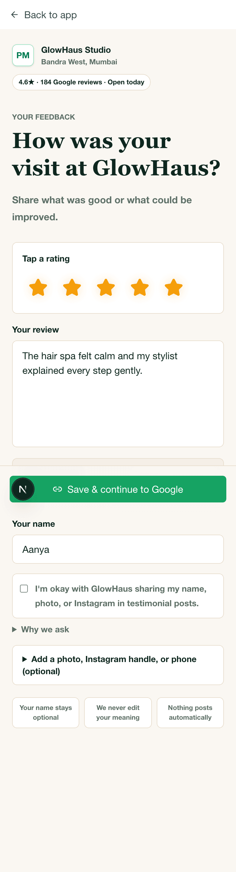 Mobile customer review page opened from a QR code.